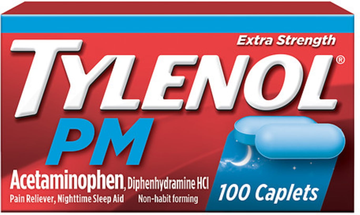 TYLENOL PM Extra Strength Pain Reliever/Nighttime Sleep Aid Caplets 100 ea (Pack of 2)
