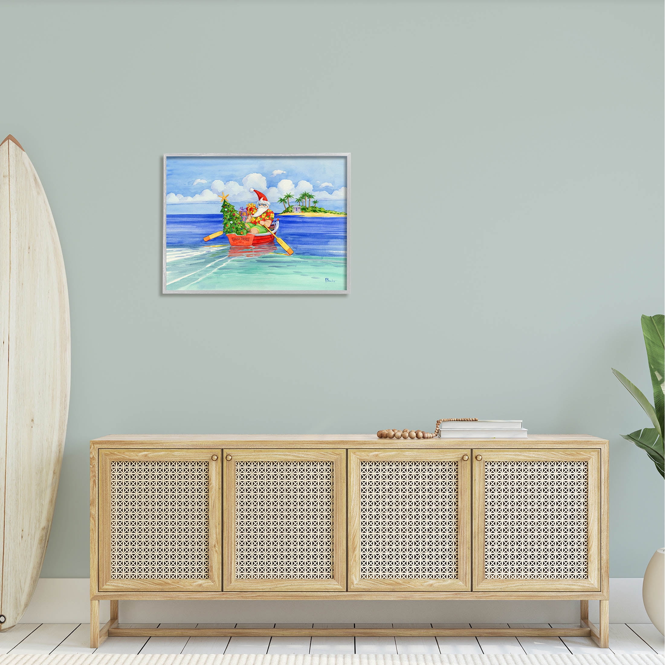 Stupell Industries Santa's Delivery Tropical Christmas Boat Painting Gray Framed Art Print Wall Art, Design by Paul Brent