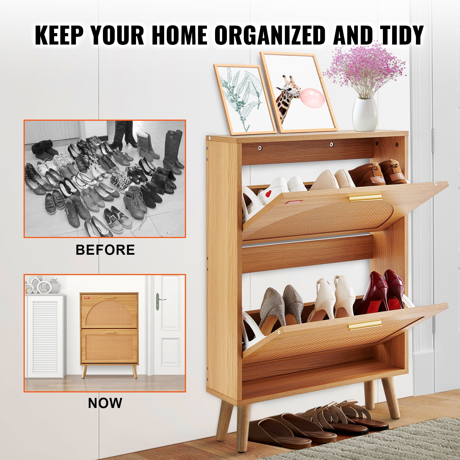 VEVOR Rattan Shoe Cabinet with 2 Flip Drawers, Brown, 28 lbs