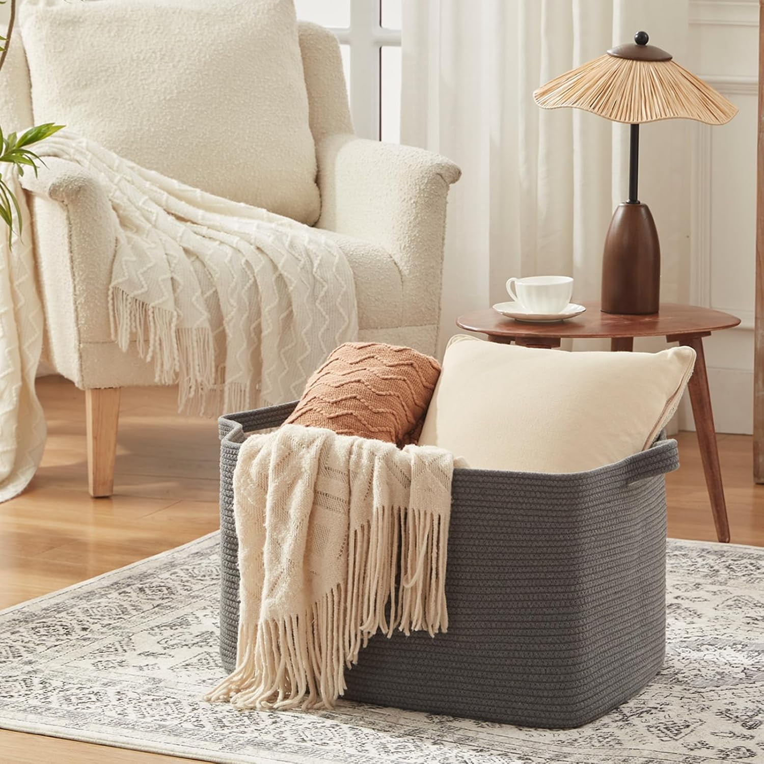 108L Extra Large Blanket Basket, 24.8" x 16.2" x 16.2" Rectangle Woven Storage Baskets for Living Room, Nursery, Bedroom, Toy Basket with Handle (Dark Grey)