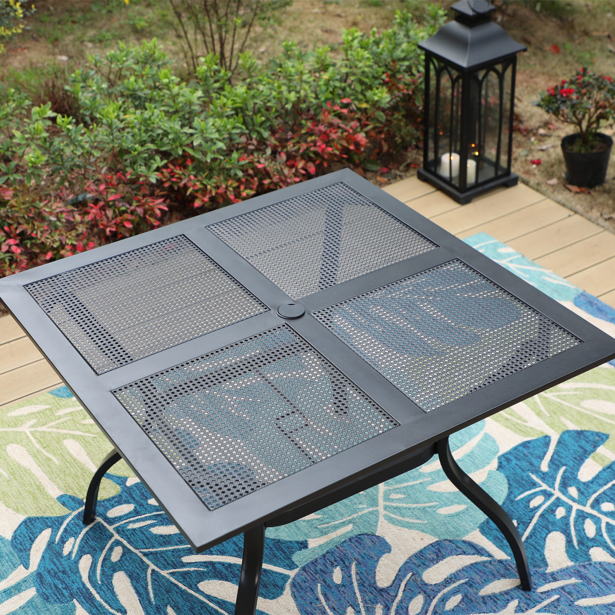 MF Studio 5-Piece Outdoor Patio Dining Set with Stacking Chairs & Square Mesh Table with Umbrella Hole, Black