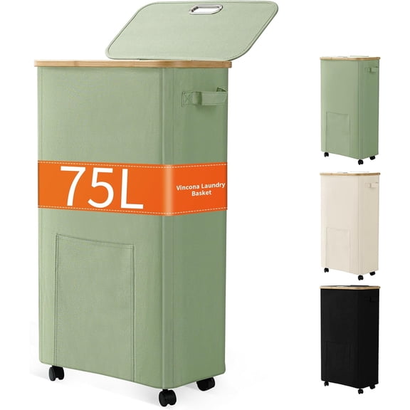 OZERA 75L Sage Green Rolling Tall Laundry Hamper with Lid, Wheeled Dirty Clothes Basket for Laundry Room, Dorm & Bathroom.