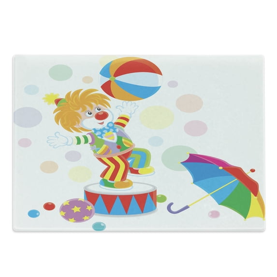 Clown Cutting Board, Funny Circus Entertainer with Colorful Umbrella and Balls on Colorful Pastel Dots, Decorative Tempered Glass Cutting and Serving Board, in 3 Sizes, by Ambesonne