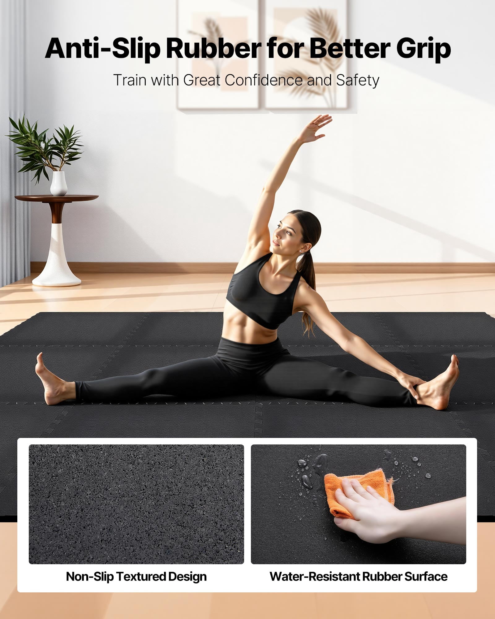 VEVOR Puzzle Exercise Mat, 24 PCS Fitness Equipment Mats, 24 x 24 x 0.56 in, High-Density EVA Foam Gym Mats Set, Interlocking Rubber Soft Tiles, Protective Floor Padding for Home, Gym, Office, Black