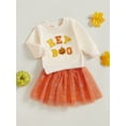 thumbnail image 3 of Suealasg Little Girls Halloween 2PCS Skirt Outfits Long Sleeve Letter Pumpkin Ghost Embroidery Sweatshirt Tops +Tulle A-line Skirt Set 1T 2T 3T 4T 5T Toddler Baby Girls Fall Clothes, 3 of 7