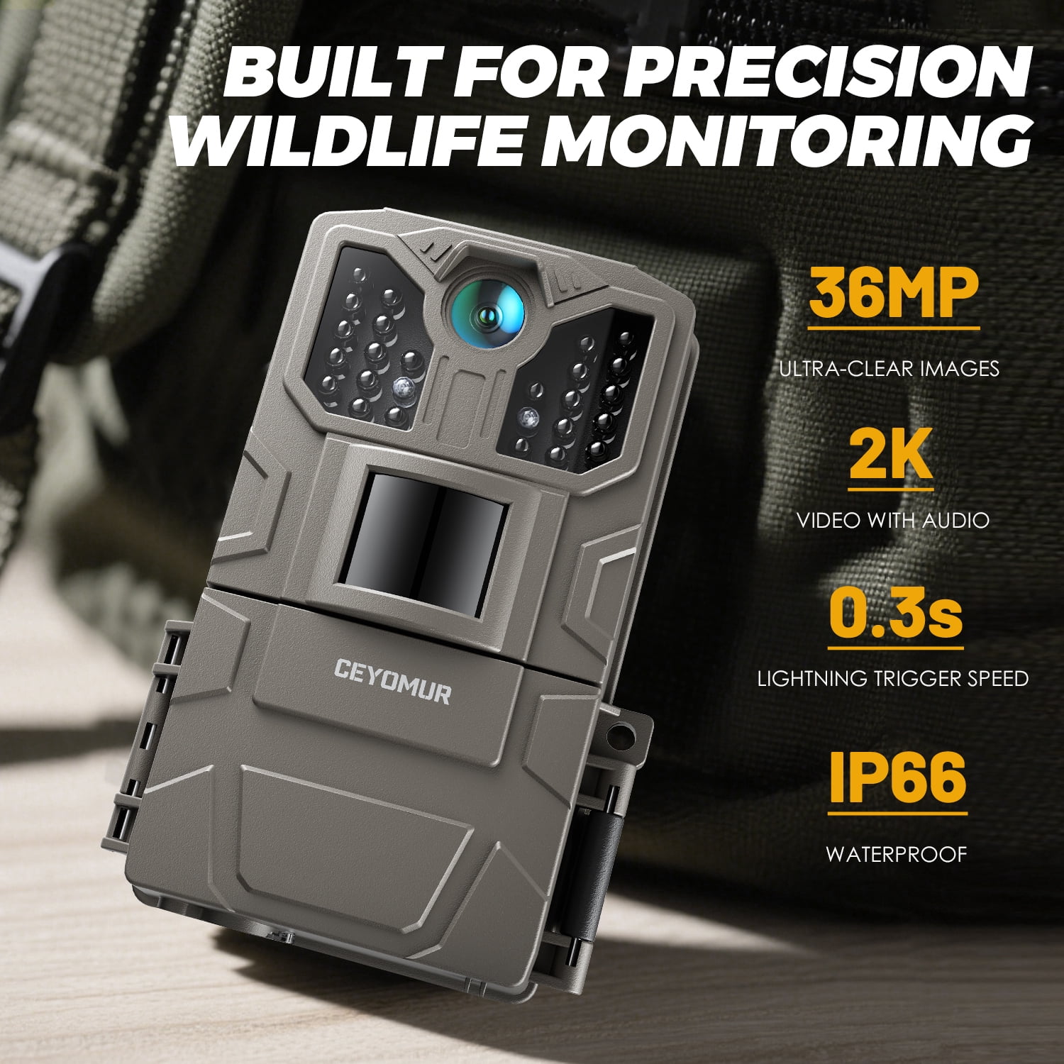 CocoBear Trail Camera 36MP 2K Game Camera with 850nm IR Night Vision, Motion Detection, 2" LCD Display, 130° Wide Angle, IP66 Waterproof, Time Lapse, Hunting Wildlife Camera