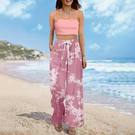 High Waisted Petite Wide Leg Palazzo Trousers, Boho Summer Beach Casual, Polyester Spandex, Pink M, Size S-3XL