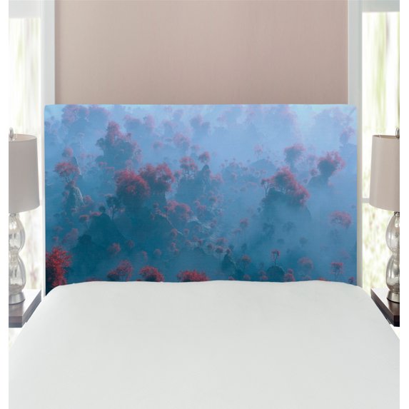 Mystic Headboard, Aerial of Mystic Mountain Landscape with Autumn Trees in the Mist Wilderness Image, Upholstered Decorative Metal Bed Headboard with Memory Foam, Twin Size, Grey Orange, by Ambesonne