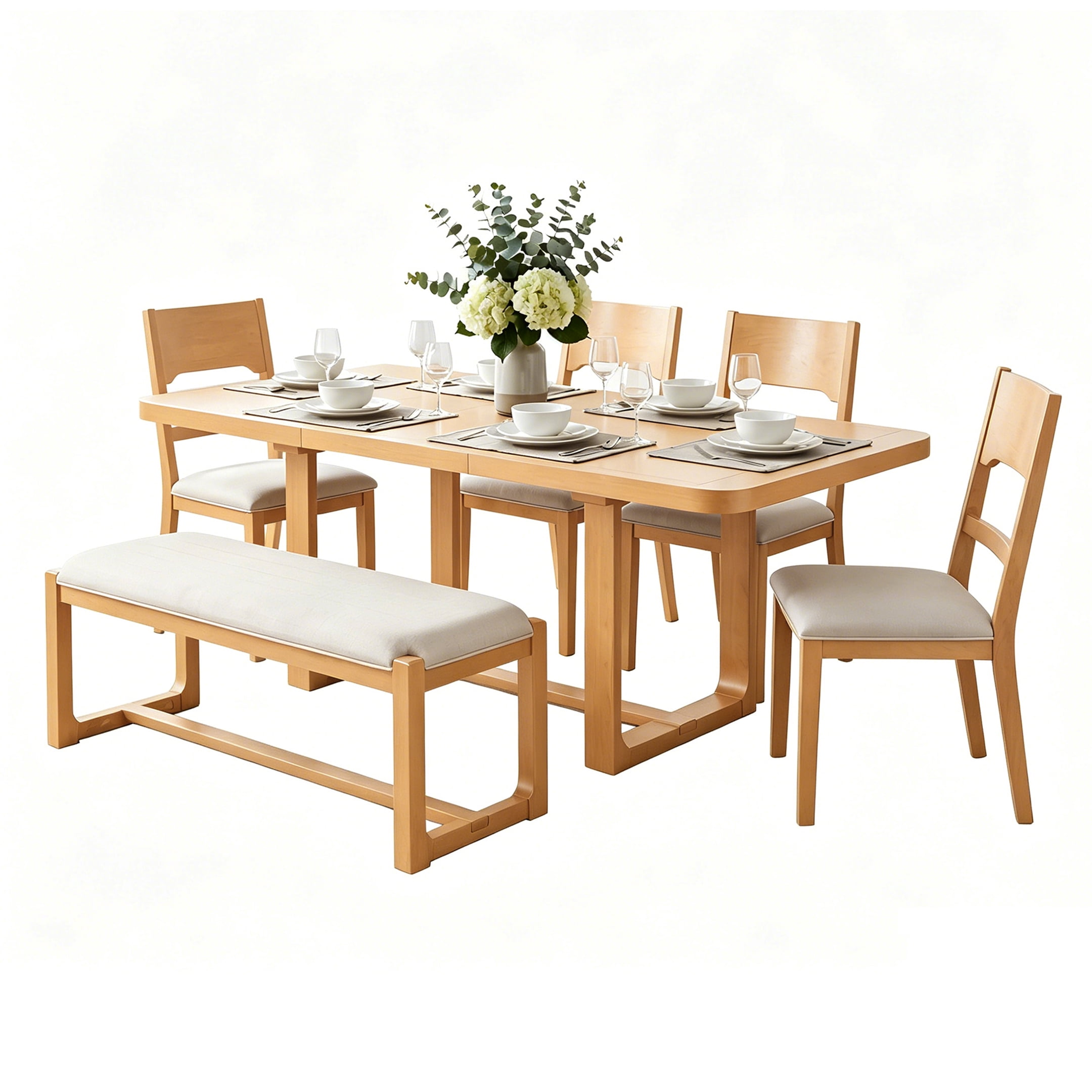 Euroco 6 Pieces Farmhouse Dining Table Set,Solid Wood Extendable Dining Table with 4 Chairs & Bench for Kitchen Dining Room, Natural+Beige