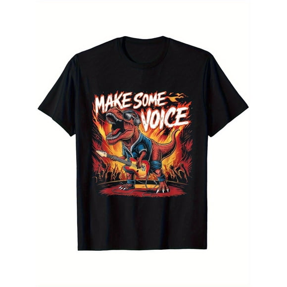 Men's Black Make Some Noise Roaring Dinosaur Guitar Concert Graphic T-Shirt - 100% Cotton Relaxed Fit Short Sleeve Tee with V