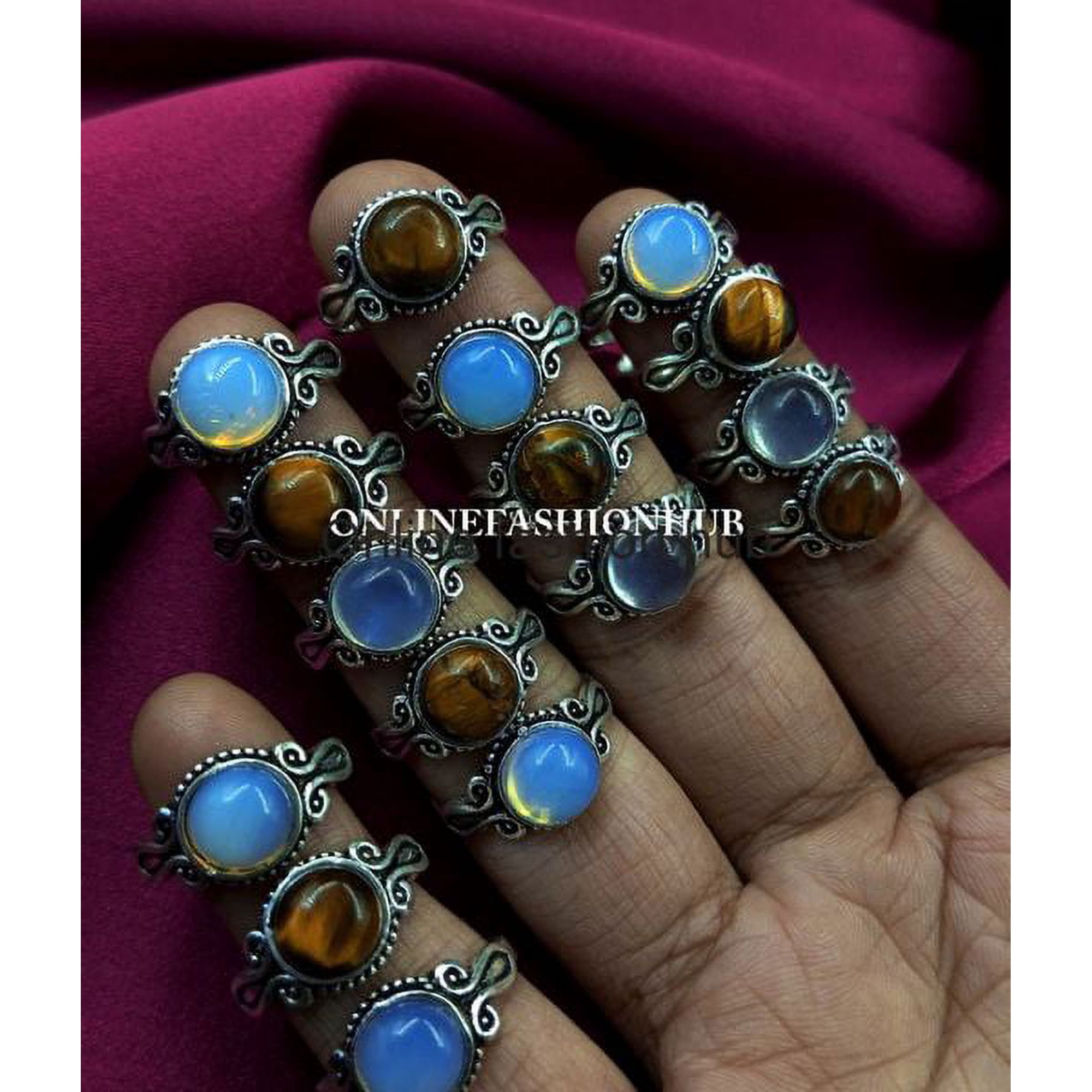 Opalite& Mix Gemstone 925 Sterling Silver Plated Handmade 5pcs Ring