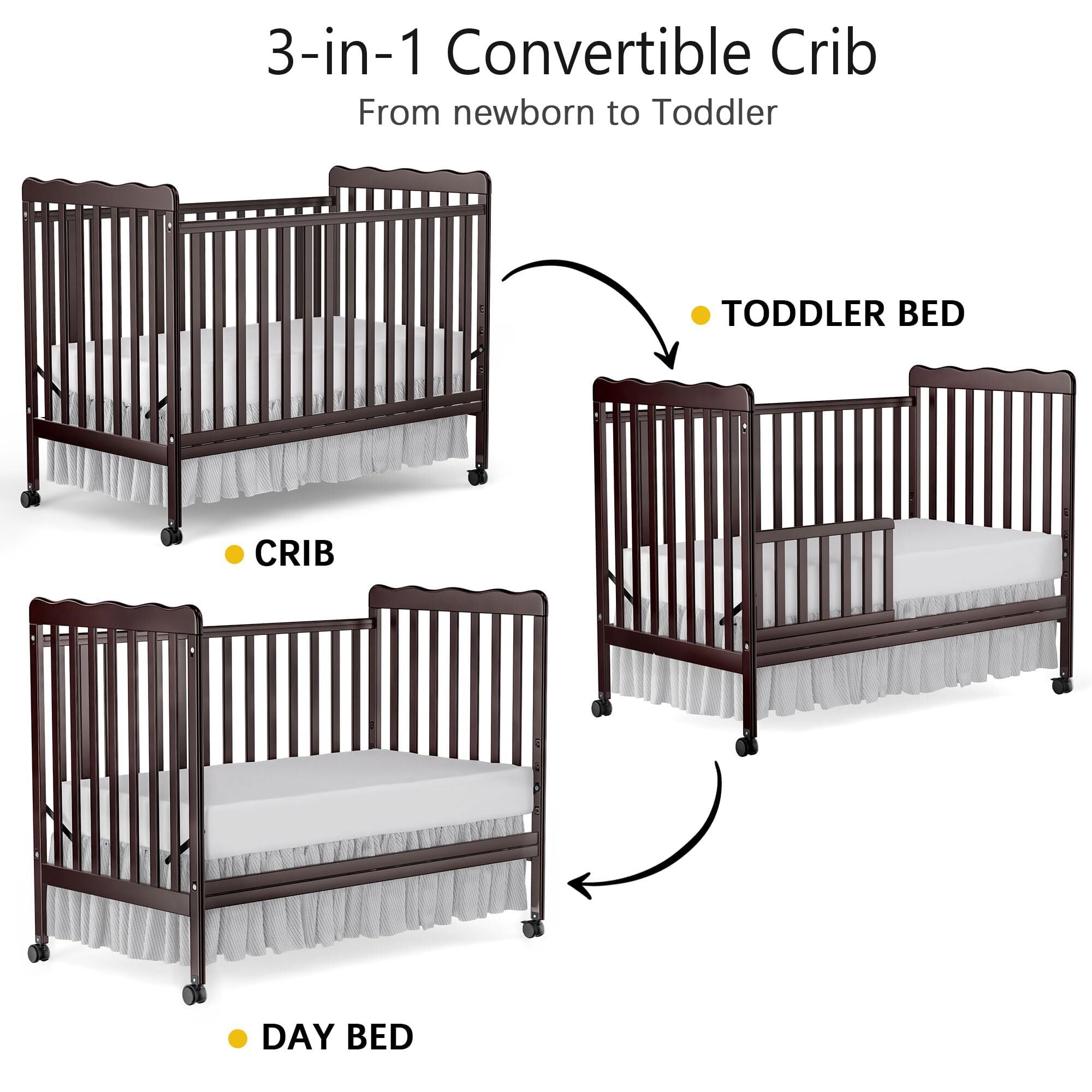 Baby Convertible Crib 3 In 1, Converts from Baby Crib to Toddler Bed, New Zealand Pinewood Baby Bed with Locking Wheels and Teething Rail, Crib with 4 Height Adjustment and Non Toxic Finish, Espresso