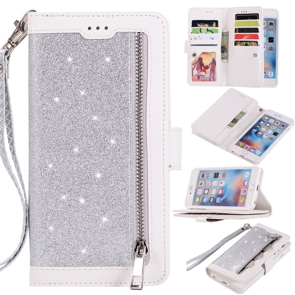 Zipper Wallet Case for iPhone 6S Plus iPhone 6 Plus 5.5-inch, Allytech Bling Glitter Leather Case with 9 Credit Card Holder Flip Magnetic Closure Stand Cover with Cash Pocket and Hand Strap, Silver