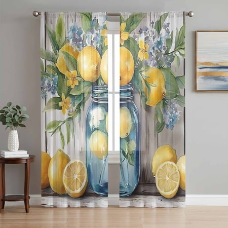 Tropical Lemon Sheer Curtains 96 Inch Length 2 Panels Set Vintage Summer Botanical Voile Window Treatment Semi Sheer Long Curtains Drapes for Bedroom/Living Room/Kitchen 52 x96 x2