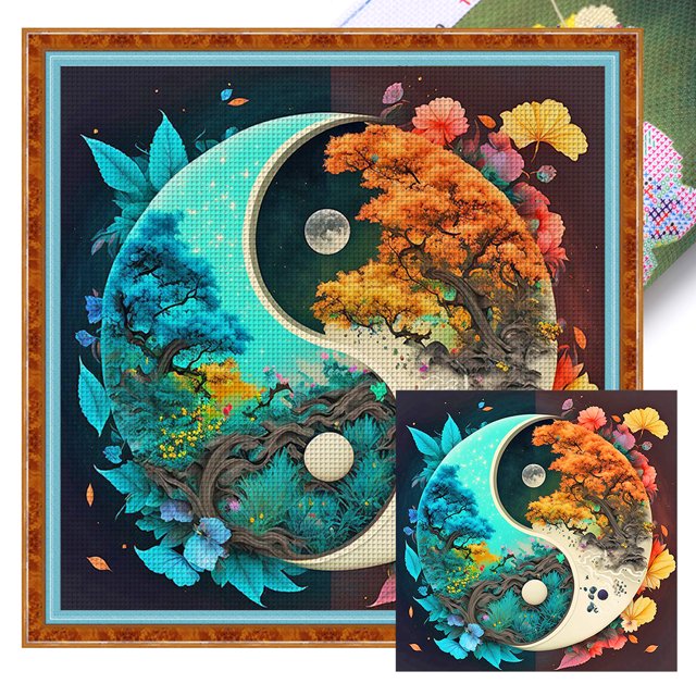 Hilo Algodón Bordado Punto Cruz Paisaje Yin Yang Con 14CT 40x40cm