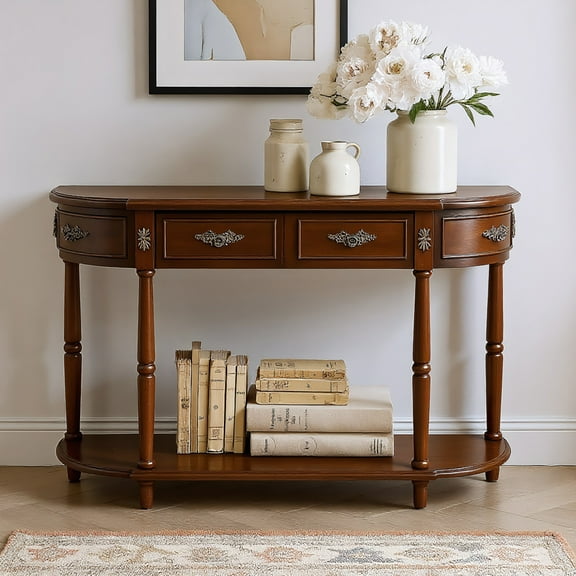 Resenkos Retro Curved Wood Console Table, 52" Circular Half Moon Sofa Table with Open Shelf & 2 Drawers for Living Room & Hallway, Cherry