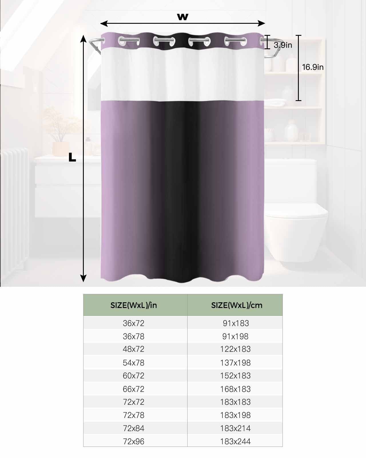 No Hook Shower Curtain with Snap in Liner, Ombre Abstract Gradient Purple and Black Hotel Shower Curtains for Bathroom, Washable Shower Curtain Liner Set with Mesh Top Window, 72"x84"