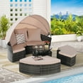 thumbnail image 2 of 4 Piece Outdoor Furniture Patio Round Daybed with Retractable Canopy, Soft Cushions, and Storable Table, Wicker Rattan Patio Furniture Sets for Leisure in Porch Backyard, Beige, 2 of 9