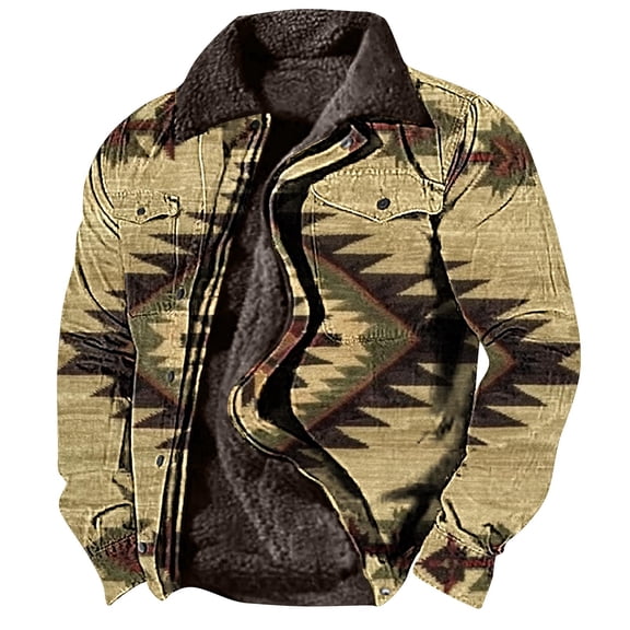BiZtdJrK Men Western Jackets Aztec Vintage Print Sherpa Fleece Lined Jackets Casual Long Sleeve Zipper Winter Warm Jacket Coats Todays Daily Sales Clearance Khaki L