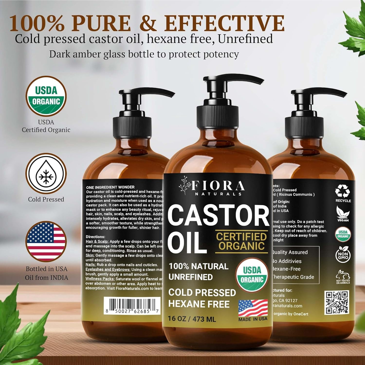 Castor Oil Organic Cold Pressed Unrefined Glass Bottle - 16 oz
