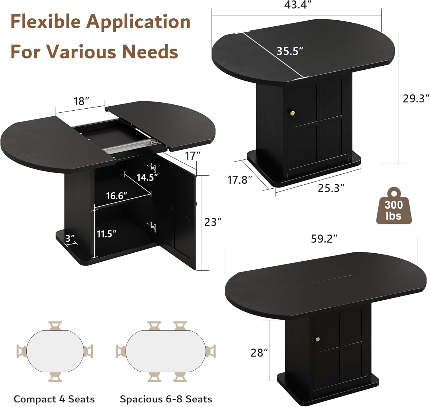 iPormis Extendable Round Dining Table for 4-6, 59'' Modern Kitchen Table with 2-Tier Storage Shelf, Wood Door, MDF Board, Space Saving Oval Dinner with Sturdy Pedestal Base, Kitchen, Dining,Black