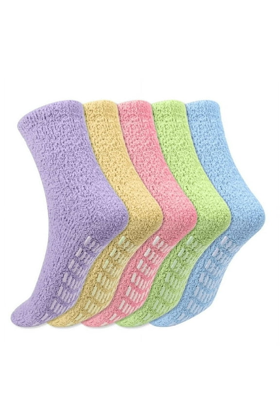 Springcorner 5 Pairs Fuzzy Socks for Women, Non Slip Fluffy Soft Warm Cozy Crew Socks with Grips for Winter, Soft Thermal Fuzzy Socks for Home Sleeping