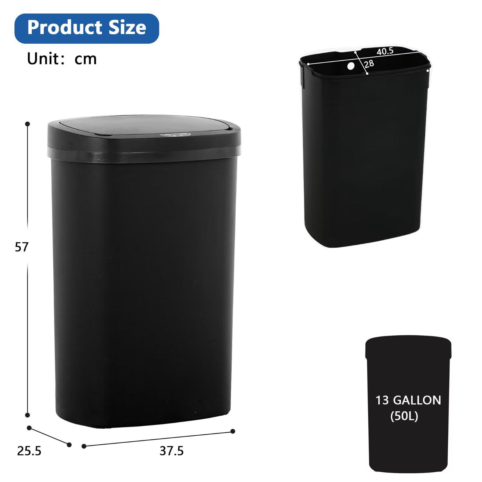 YRLLENSDAN,Kitchen Trash Cans 13 Gallon,Kitchen Garbage Can with Lid,Automatic Trash Cans Touchless,Simple Human Trash Can,Black