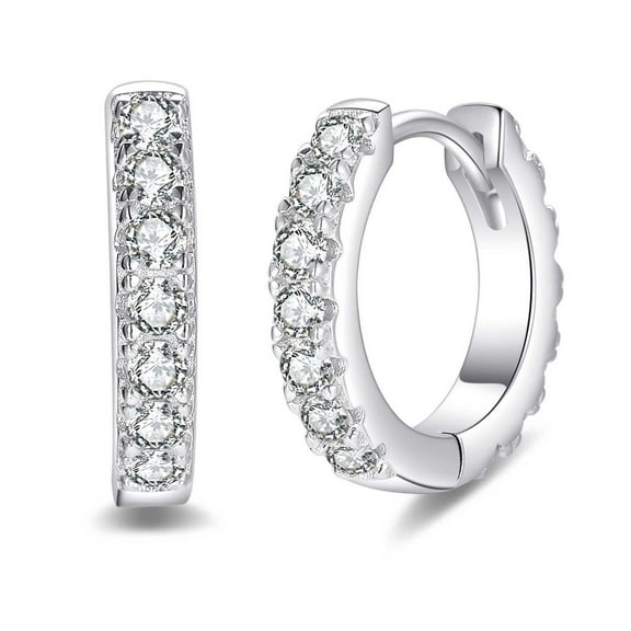 Timorina Huggie Shared Prong Moissanite Earrings in 18K White Gold over Silver