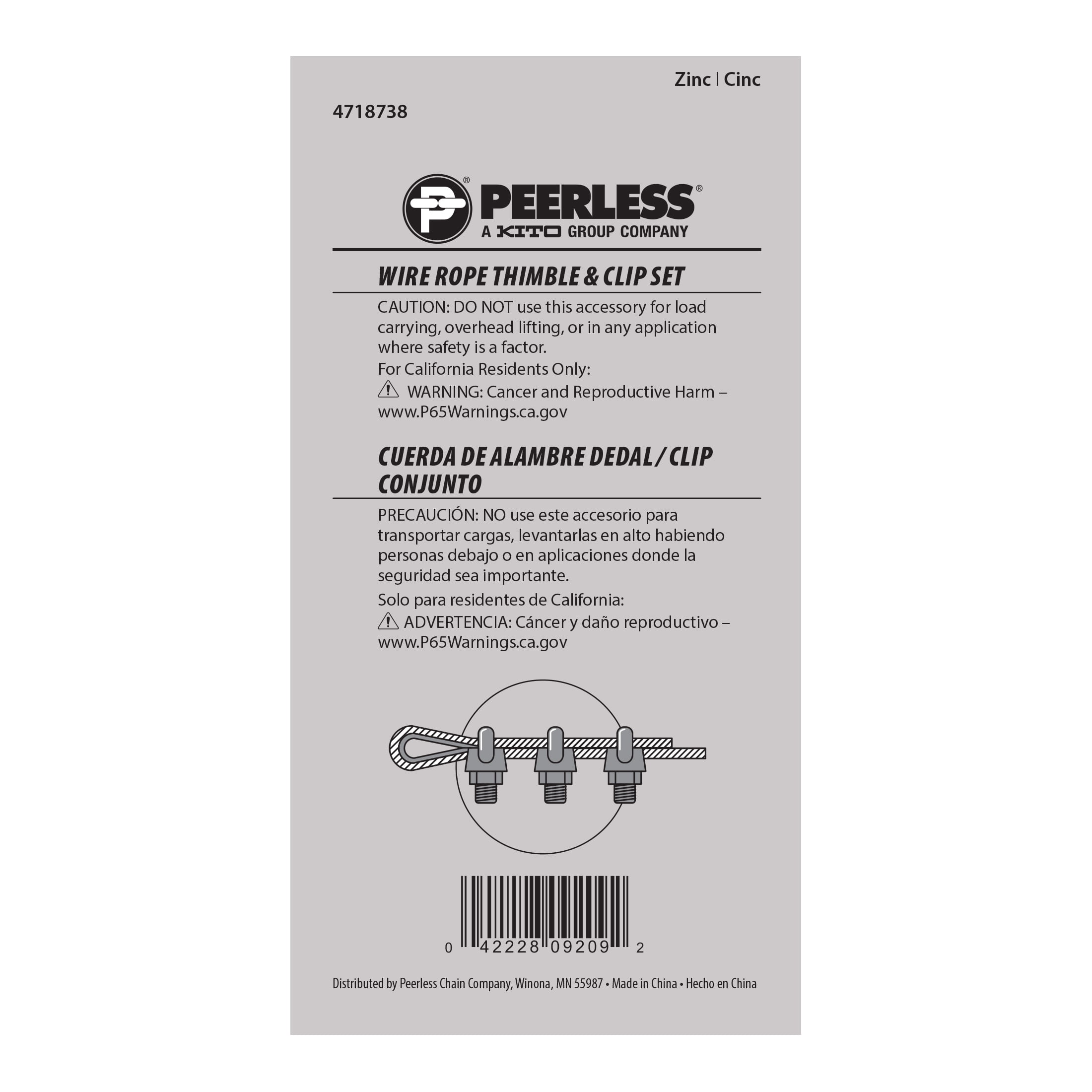 (5 pack) 3/16" Wire Rope Thimble & Clip Set, Steel, Zinc-Plated, Peerless Chain Company, #4718738, 1 Thimble, 3 Clips