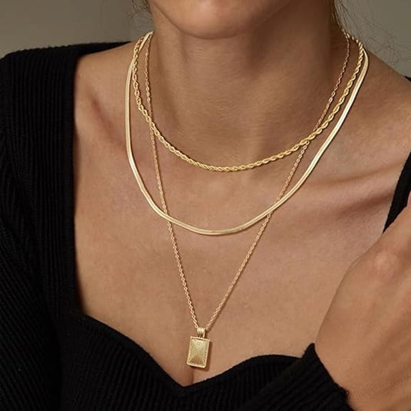 FARONZE Gold Square Pendant Necklace Set for Woman, Gold, 3 Chains, 21 inches