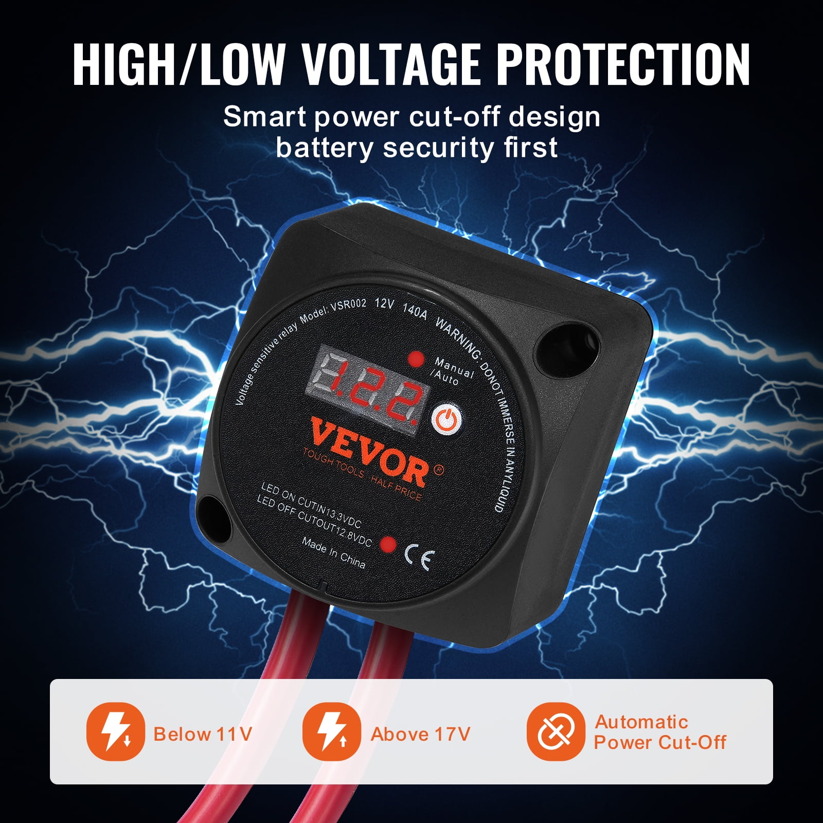 VEVOR Dual Battery Isolator Kit, 12V 140Amp, Manual and Auto Modes VSR Voltage Sensitive Relay with LCD Screen, Smart Battery Isolator for ATV UTV RV Camper Off-Road Vehicle Caravan Truck Boat Yacht