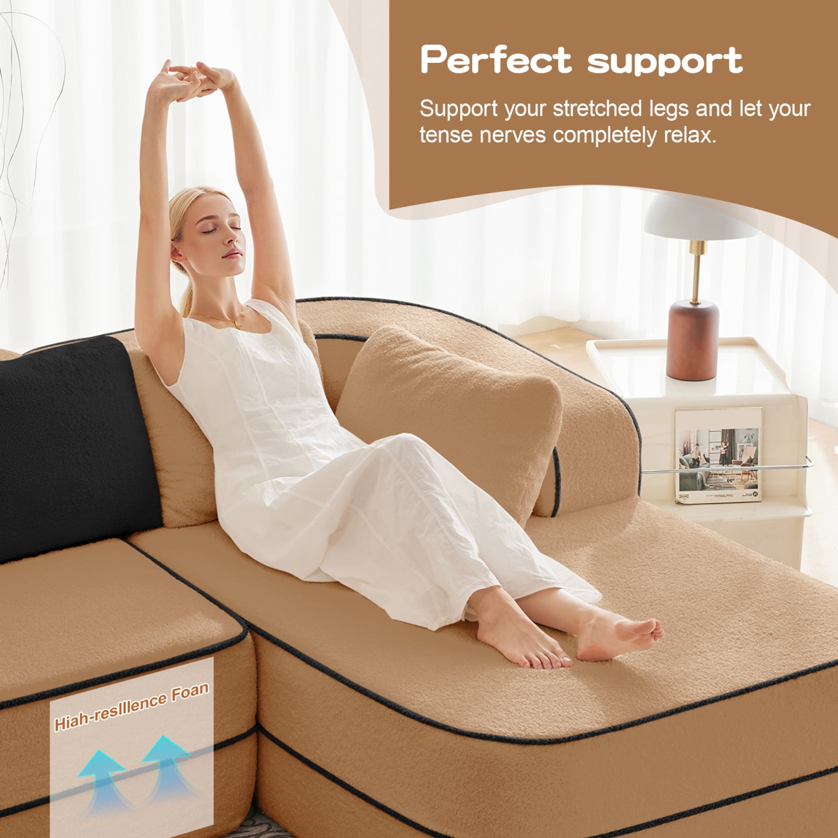77.2" Teddy Fabric 32D Boneless Sofa,Modular Sectional Sofa with Curved Armrest,Contrast Color Design with Pillow,Fluffy Comfy Couch with L Shaped Chaise,for Living Room,No Assembly Required,Camel