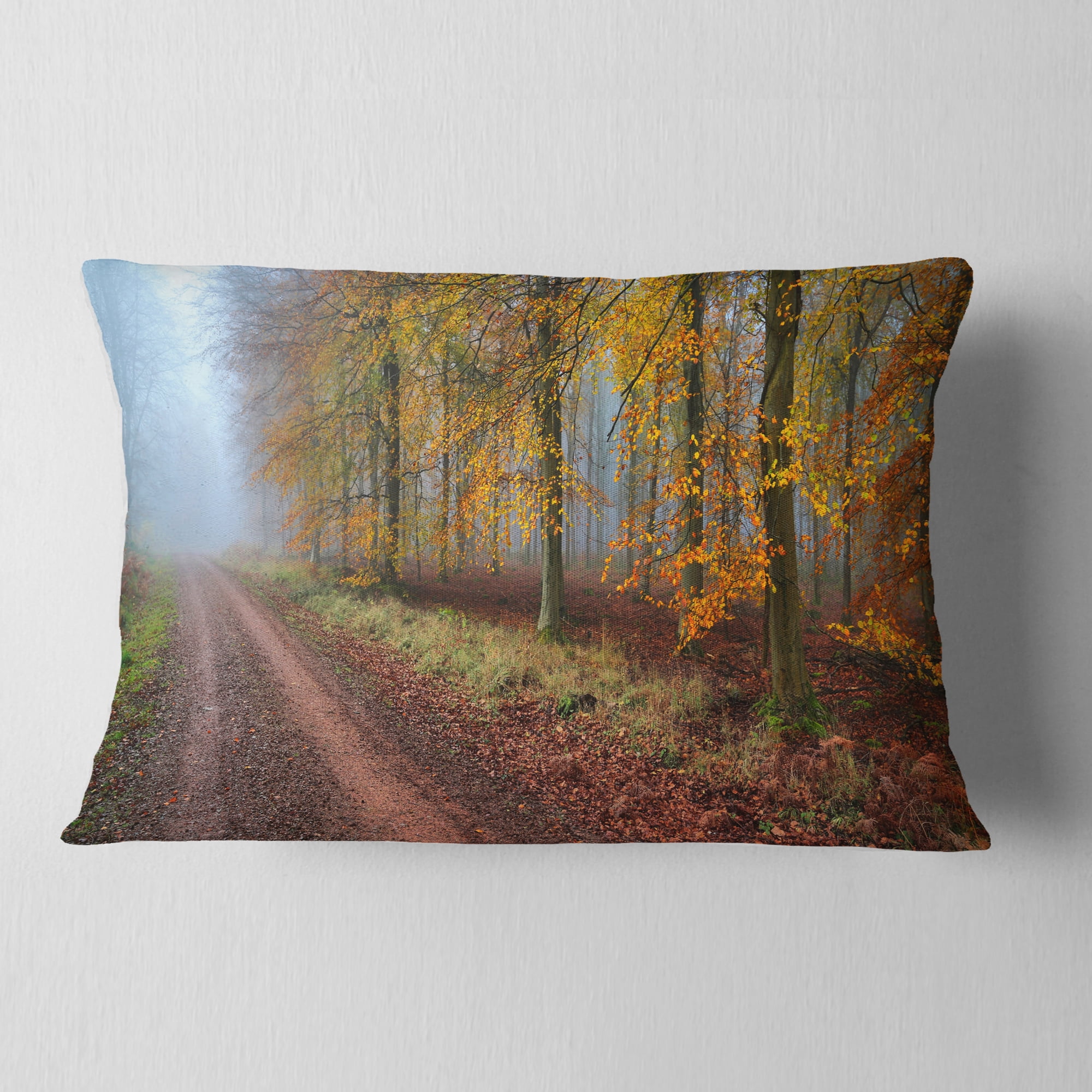 Designart Raising Sun in Fall Forest Panorama - Forest Throw Pillow - 12x20