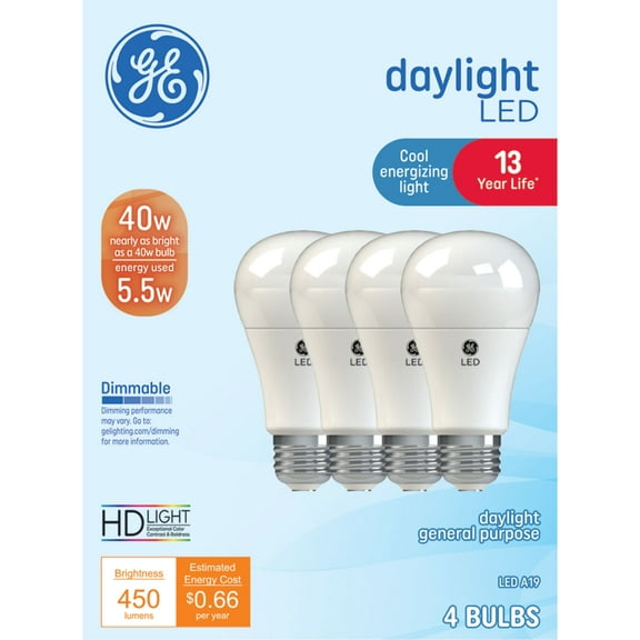 GE LED Light Bulbs, 40 Watts, Daylight, A19 Bulbs, Medium Base, Frosted Finish, 13yr, 4pk