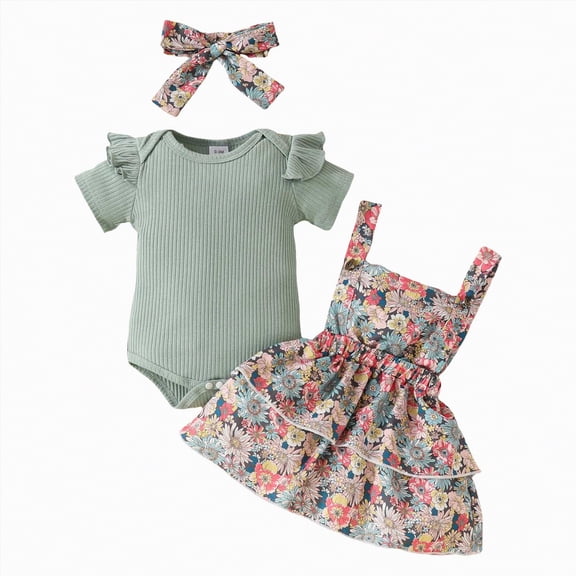 TOWED22 Baby Girl Clothes Summer Outfits Newborn Ruffle Sleeve Romper Infant Flower Shorts Set with Headband 0-18 Months Green,12-1 M