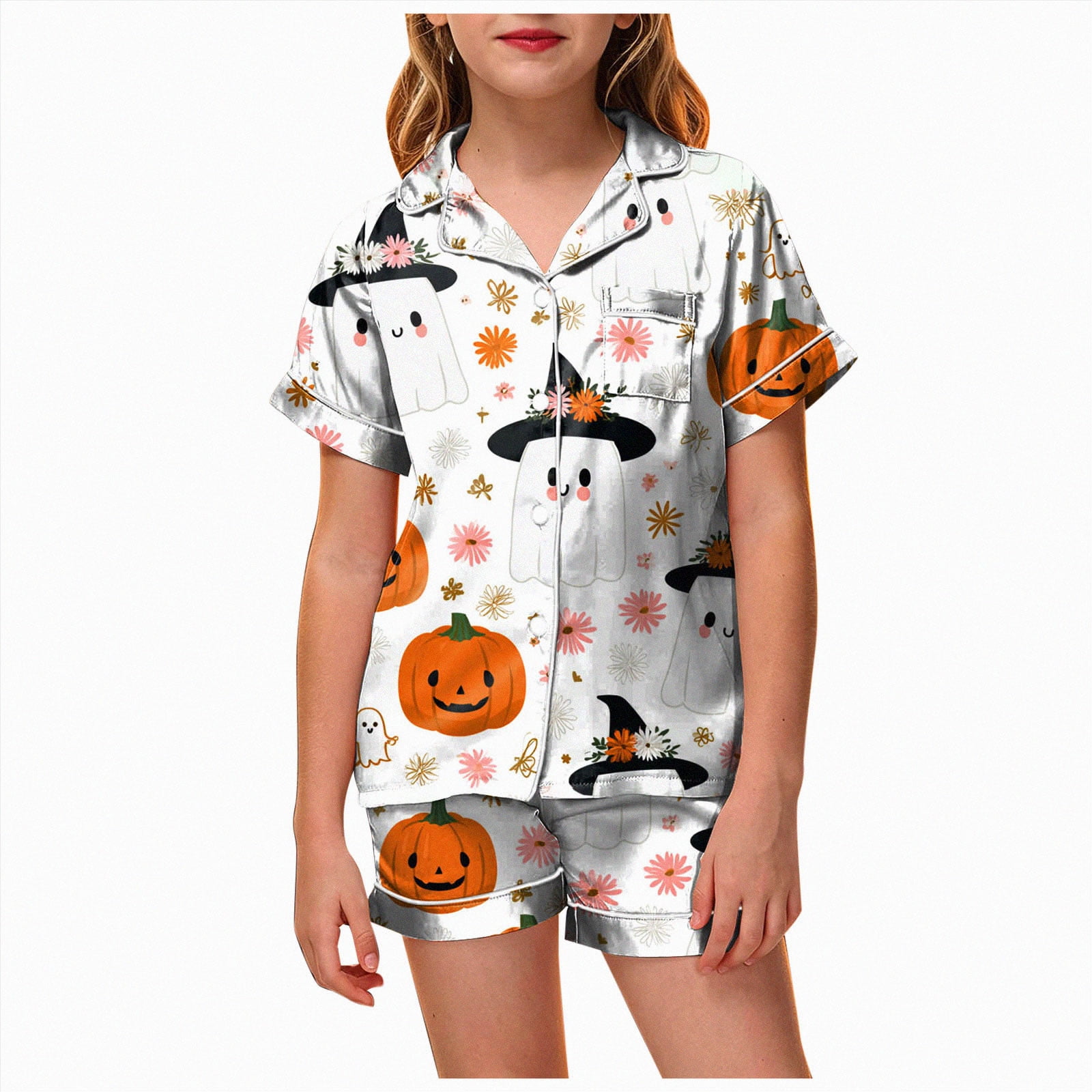 NOLDARES Halloween Pajamas Girls Cute Funny Print Pjs Sets Short Sleeve Button Down Shirts and Shorts Sleepwear(R104-White)