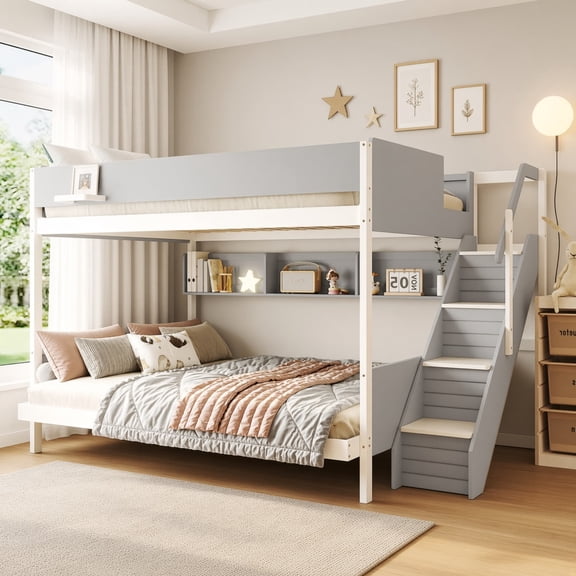 Full XL over Queen Bunk Bed with Striped-Design Staircase & Side Shelves, LED Light, Space-Saving Guest Room Bunk Bed for Shared Bedrooms, Solid Wood Construction, Gray