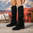 thumbnail image 3 of Women's Knee High Boots with Long Fringe Tassel Fashion Suede Pointed Toe Chunky Mid Heel Wide Calf Long Tall Dress Boots Black Size 6.5, 3 of 7