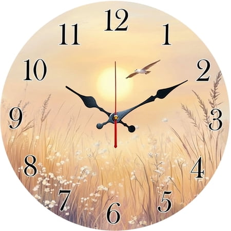SBEMP10in Silent Wall Clock, Sunset Meadow Bird Decorative Wall Clock, Battery Operated Non-Ticking Round Clock for Living Room Bedroom Office Home Decor