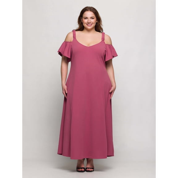 Plus Size Cold Shoulder Ruffle Sleeve Maxi Dress