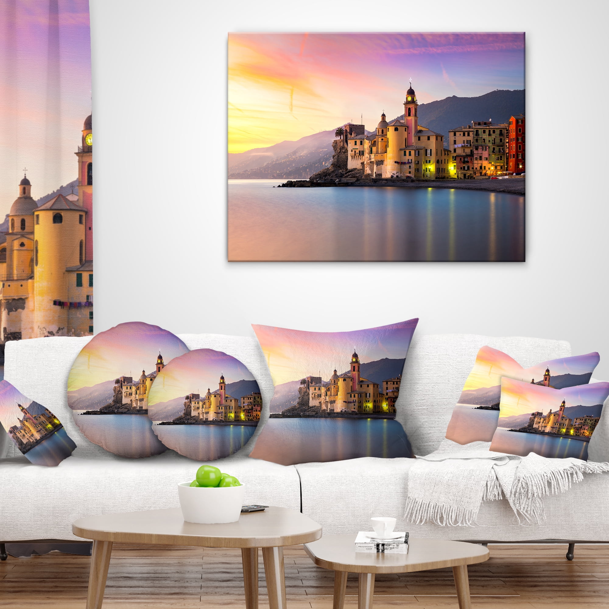 Designart Old Mediterranean Town at Sunrise - Seashore Throw Pillow - 12x20