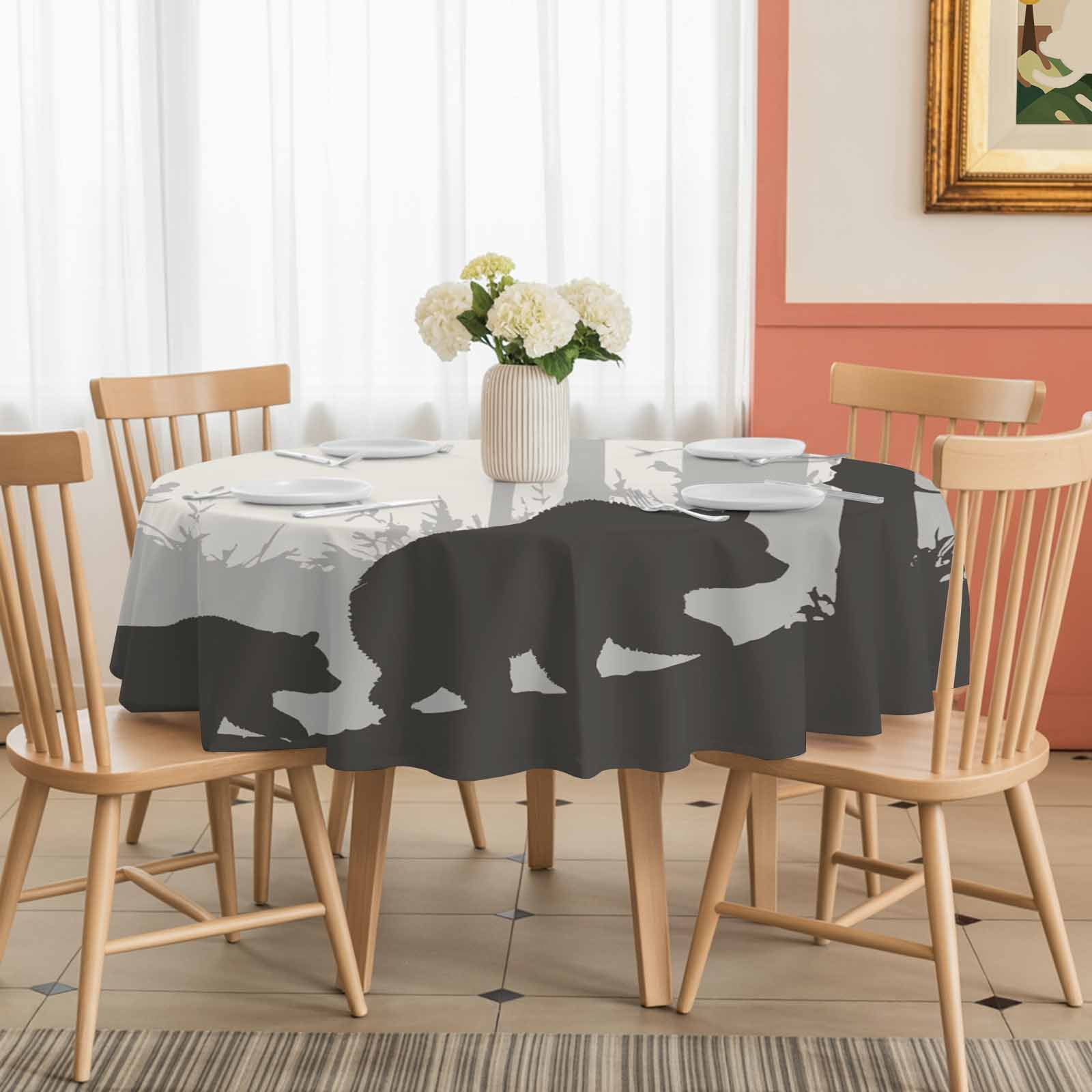 Round Tablecloth Rustic Forest Bear Silhouette Waterproof Oil Proof Polyester Table Cloth Cover Decor for Home Dining Outdoor,Patio,Parties, 54" Dia. Black Gray Farmhouse Country