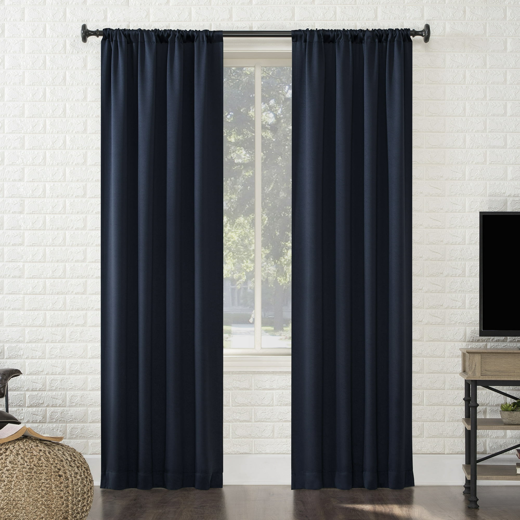 Sun Zero Avery 100% Blackout Rod Pocket Single Curtain Panel, Navy, 40"W x 95"L
