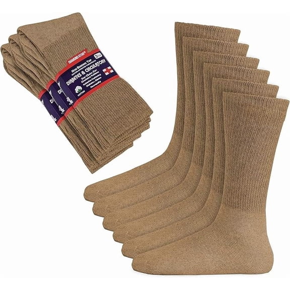 Diamond Star 3-Pack Diabetic Socks for Men & Women - Non-Binding Cushion Cotton Crew Socks for Neuropathy, Edema, & Circulatory Support (Beige, Sock Size 10-13, Fits Men's Shoe Size 7-12)