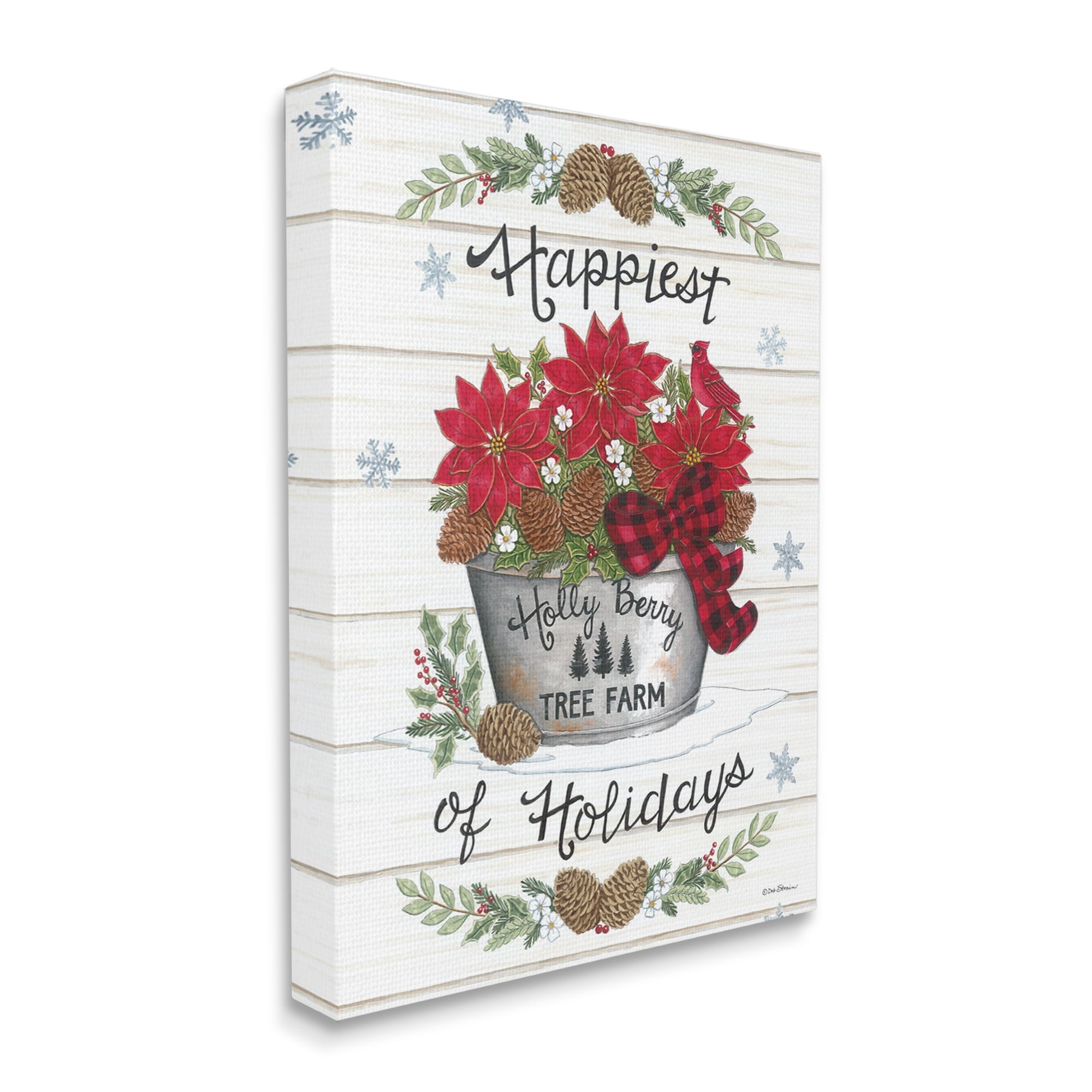 Happiest Of Holidays Grainy Pattern Rustic Poinsettia Bouquet Botanical & Floral Graphic Art Gallery-Wrapped Canvas Print Wall Art