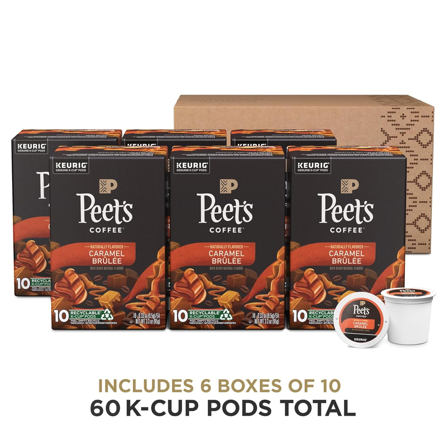 Peet’S Coffee, Flavored Coffee K-Cup Pods For Keurig Brewers - Caramel Brûlée, 60 Count (6 Boxes Of 10 Pods), Light Roast