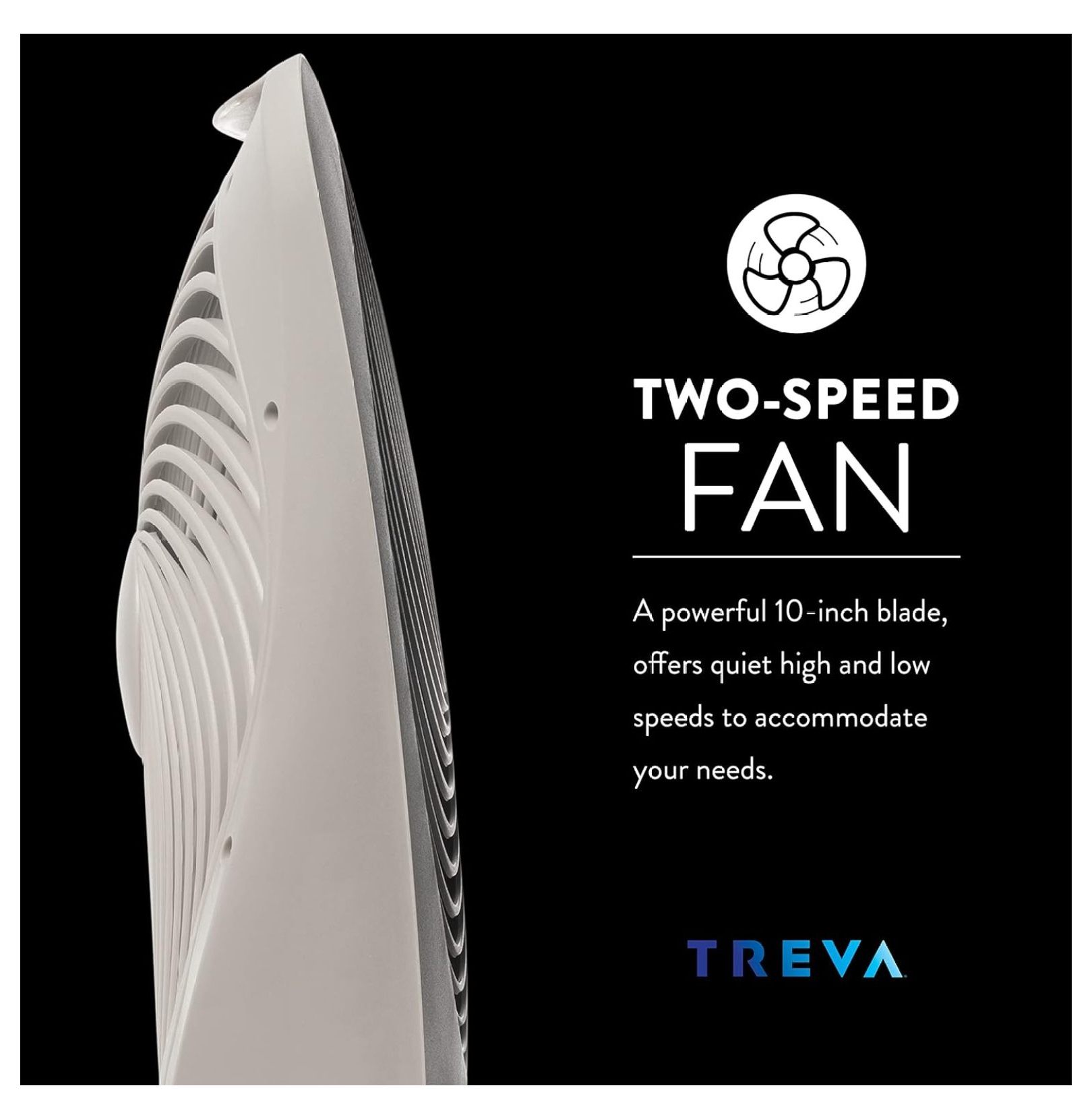 Treva 10-Inch Portable Desk Battery Fan, Powered by Battery and/or Adapter - Air Circulating with 2 Cooling Speeds, With Built In USB Charging Port