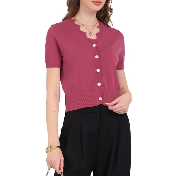 Suéteres de punto cortos de manga corta con cuello en V para mujeres Inspire Chic, color fucsia, talla S