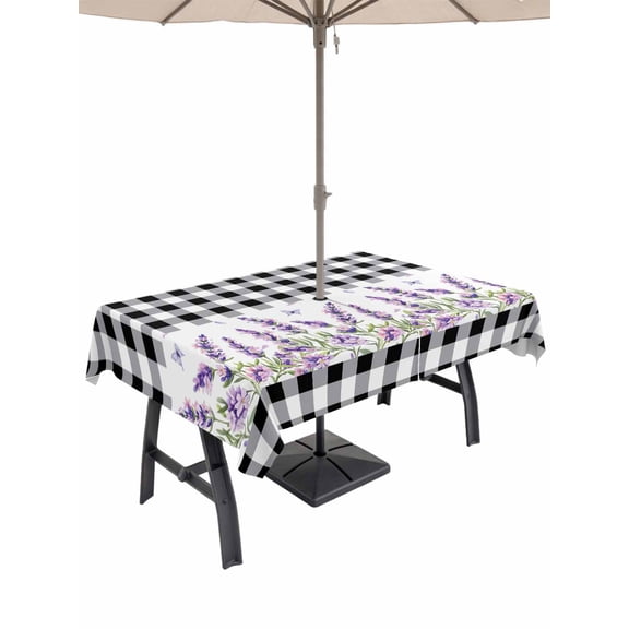 Outdoor Tablecloths with Umbrella Hole & Zipper, Purple Lavenders 54x80 Inch Tablecloth Rectangle, Spring Floral Black Plaid Farmhouse Waterproof Table Cloth, Patio/Pool/Picnic Table Covers