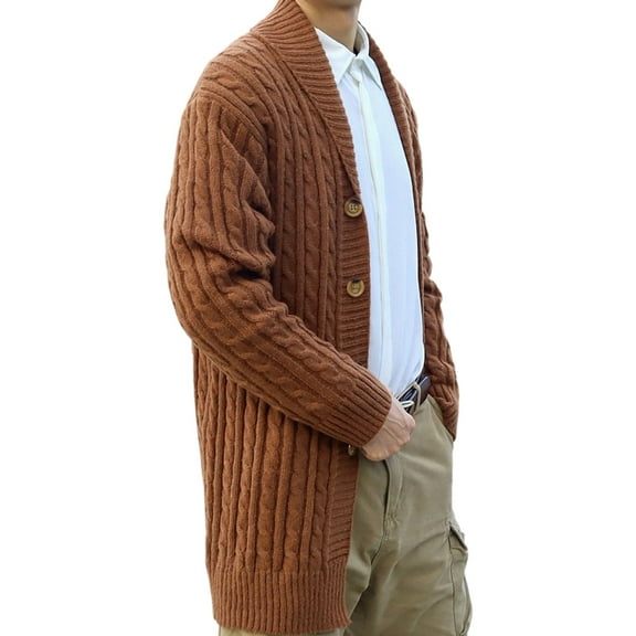 gbyLJF Men's Mid-length Knitted Cardigan Solid Color Turndown Collar Long Sleeve Jacket Slim Fit Full Button Down Sweater Coat